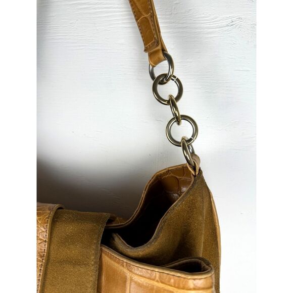 Y2K Vintage Furla Italian Leather Croc Embossed Shoulder Bag Camel Hobo Purse - Picture 7 of 15